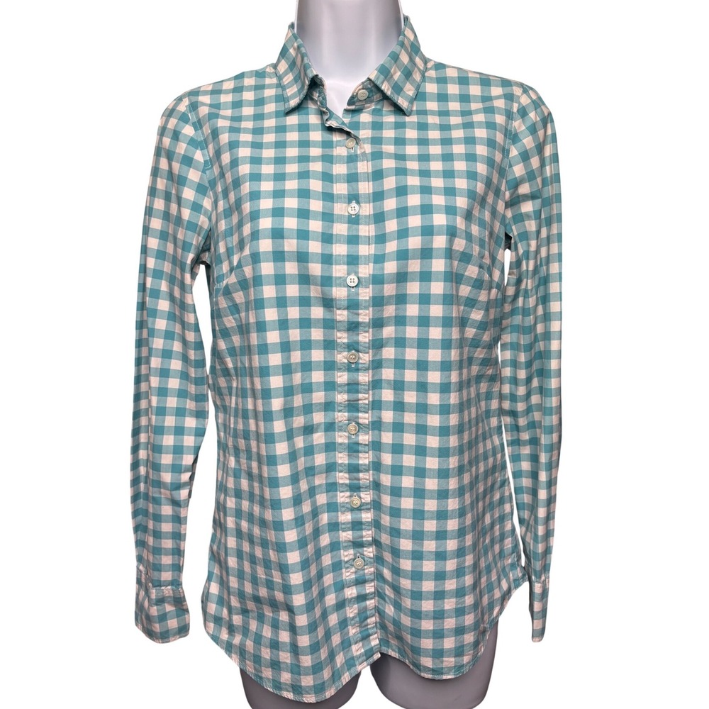 J. CREW Womens Teal White Gingham Perfect Long Sleeve Shirt Sz 0 Preppy Classic